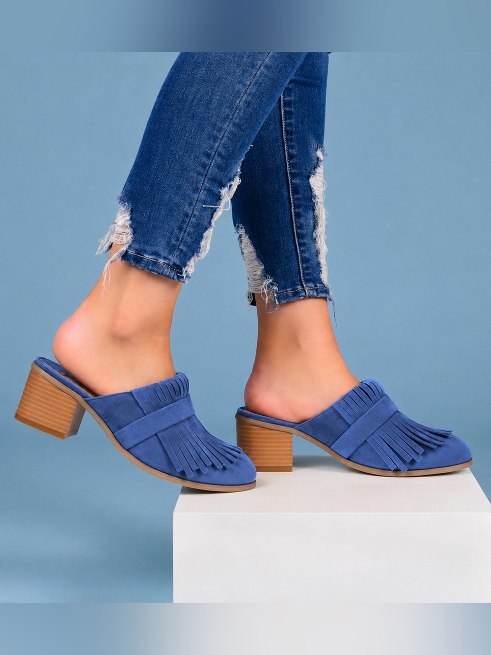 NWT Journee Collection Evelyn Electric Blue Fringe Mule Heels Sz 5.5 Faux Suede